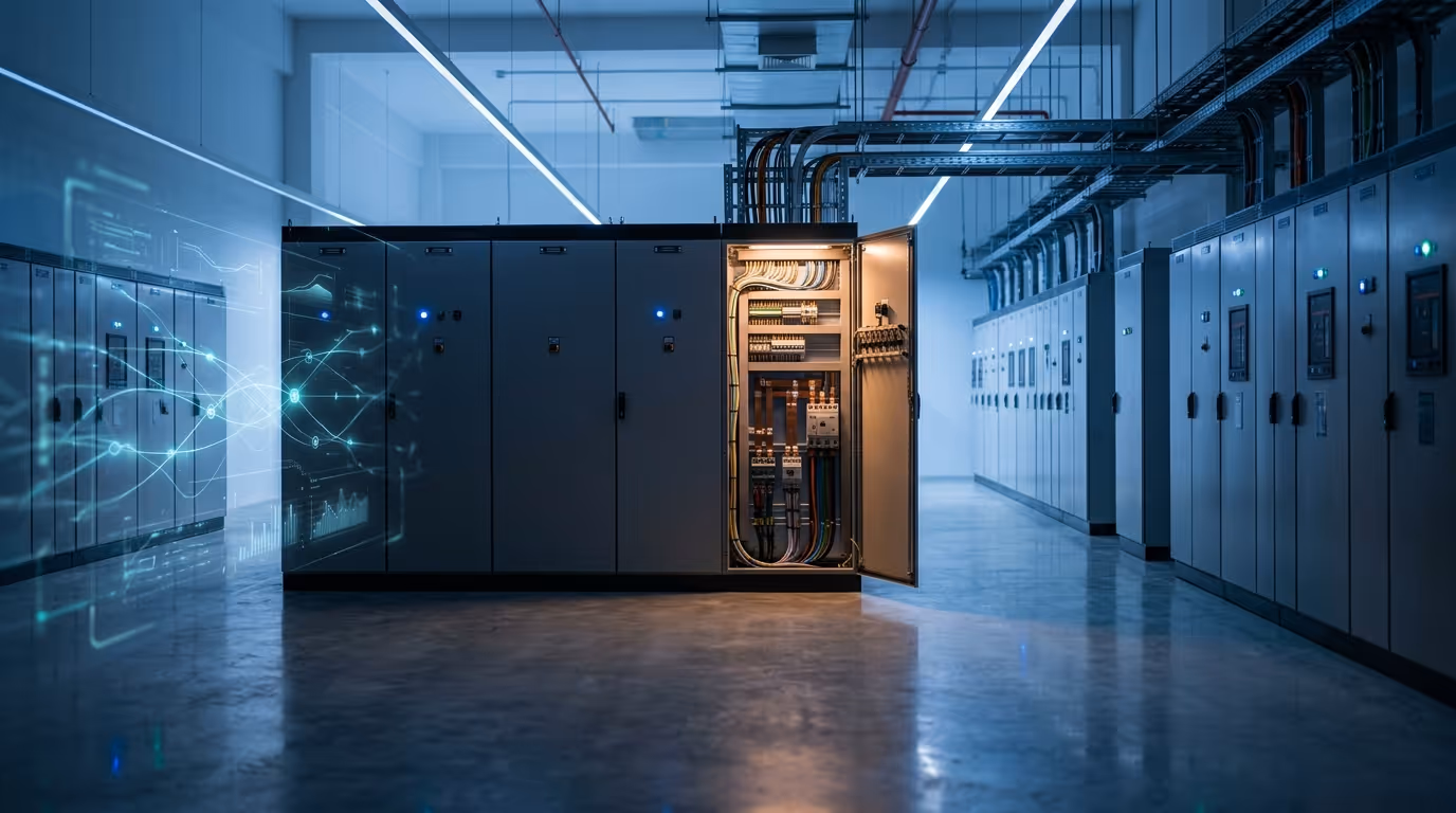Modern Southeast Asian electrical switchboard room with abstract energy data overlay for engineering services